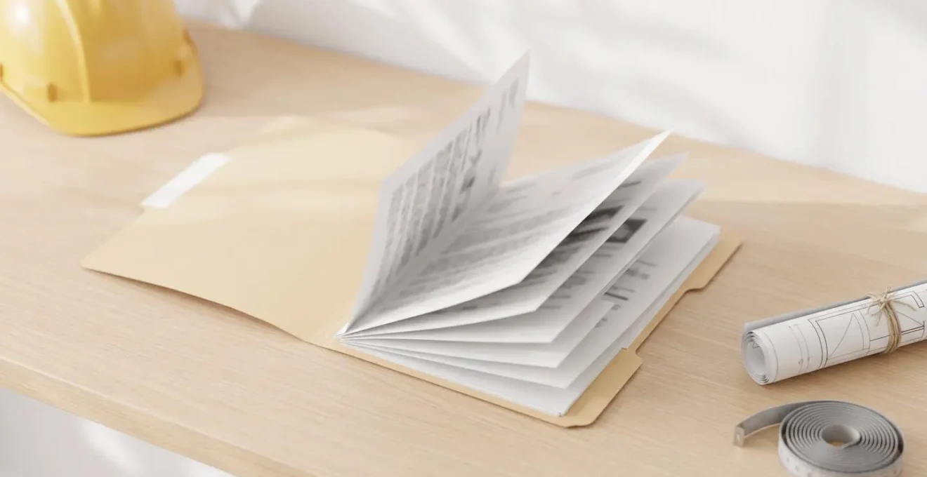 Bureau avec dossier d'expertise ouvert montrant des documents techniques et photos de fissures