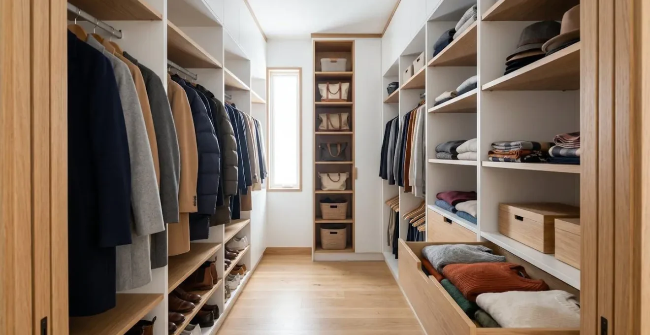 Vue minimaliste d'un dressing organisé avec vêtements d'hiver et accessoires rangés méthodiquement