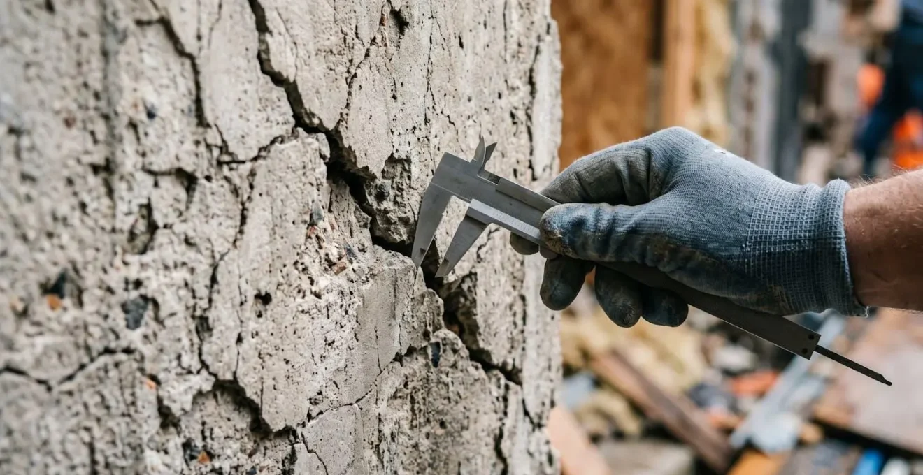 Expert en bâtiment photographiant des défauts de construction avec appareil professionnel