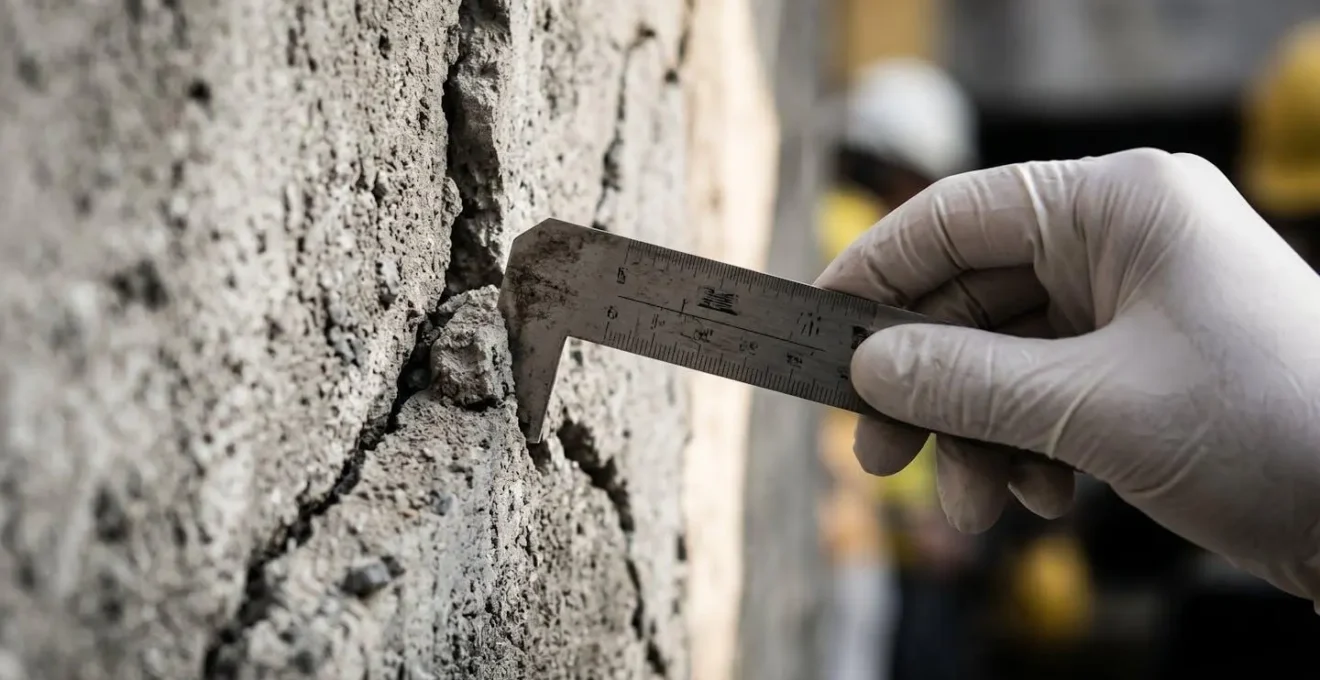 Deux experts examinant des fissures sur un mur avec instruments de mesure