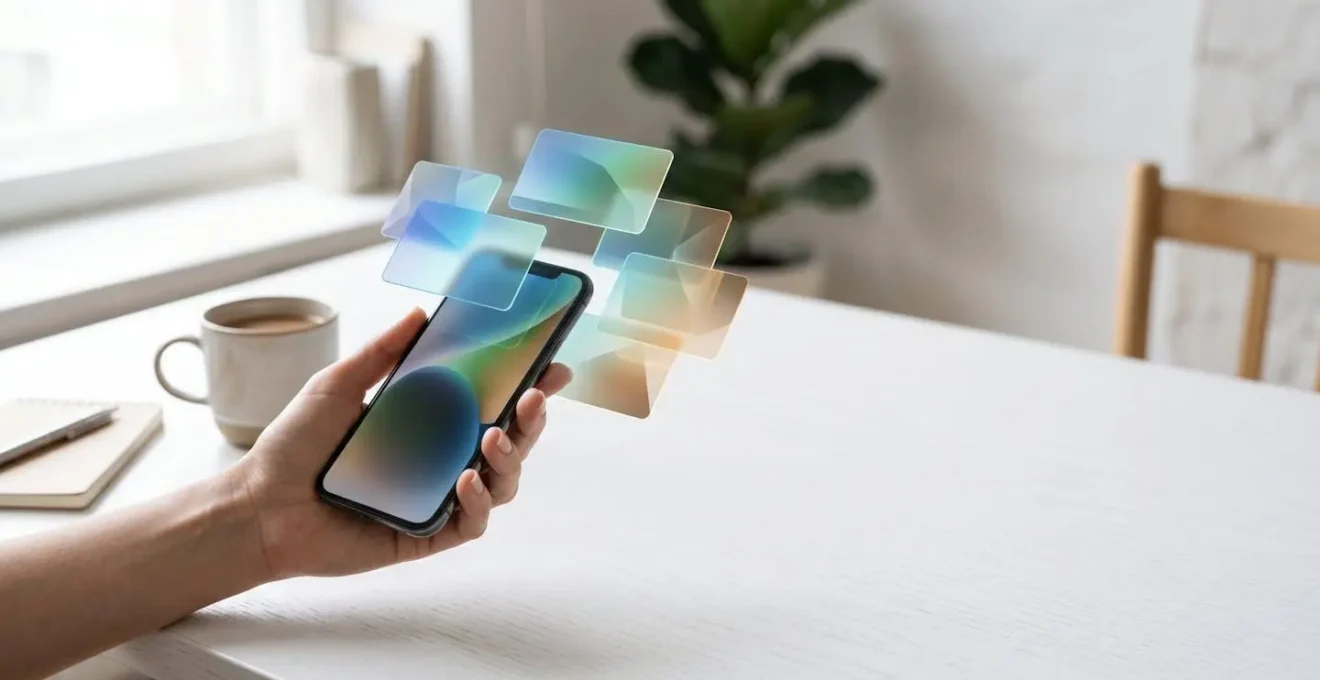 Main tenant un smartphone montrant l'interface floue d'une application bancaire avec des cartes virtuelles flottantes en hologramme