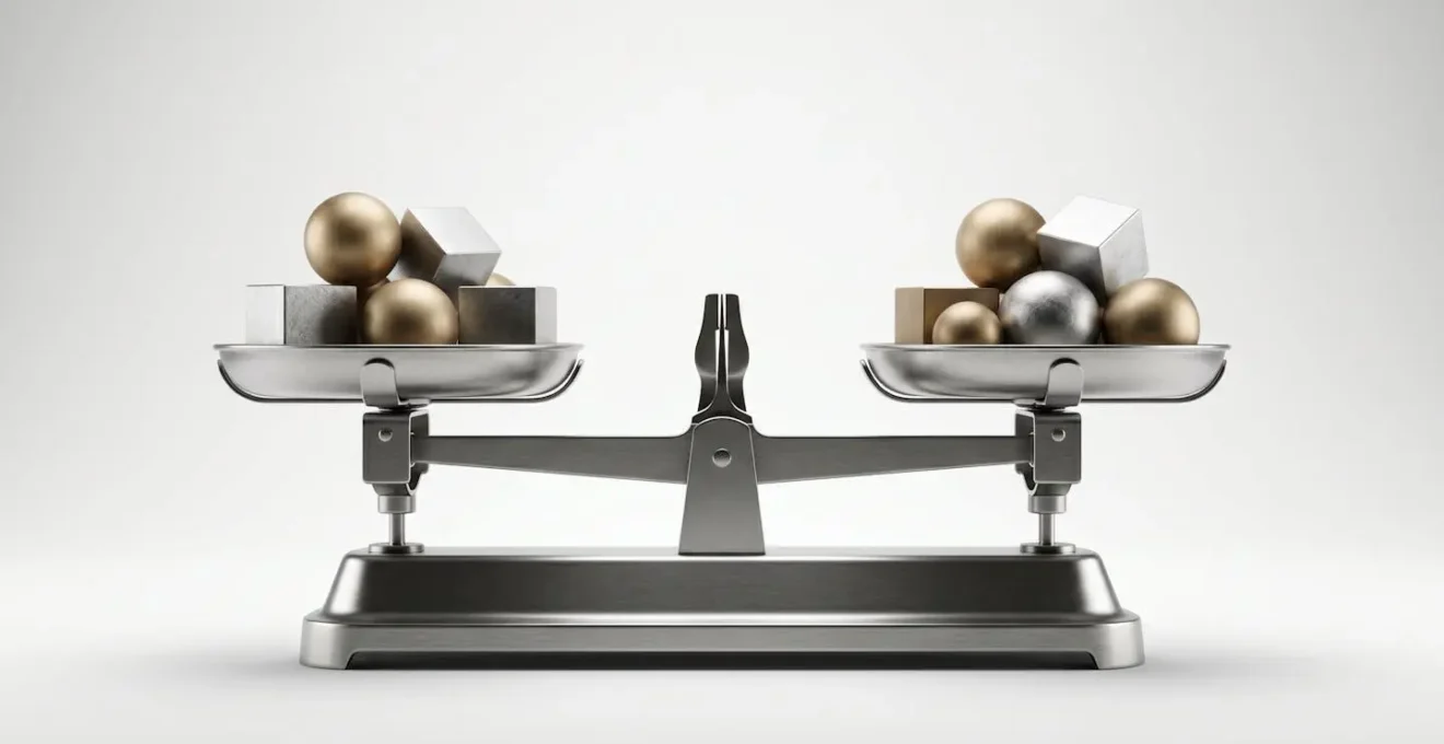 Vue minimaliste d'une balance moderne symbolisant l'équilibre parfait d'un portefeuille