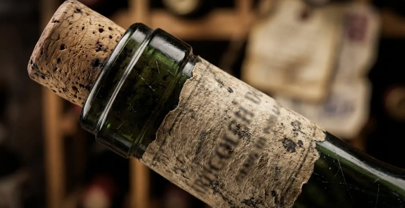 Photographie macro d'une bouteille de vin millésimée avec certificat d'authenticité en arrière-plan flou