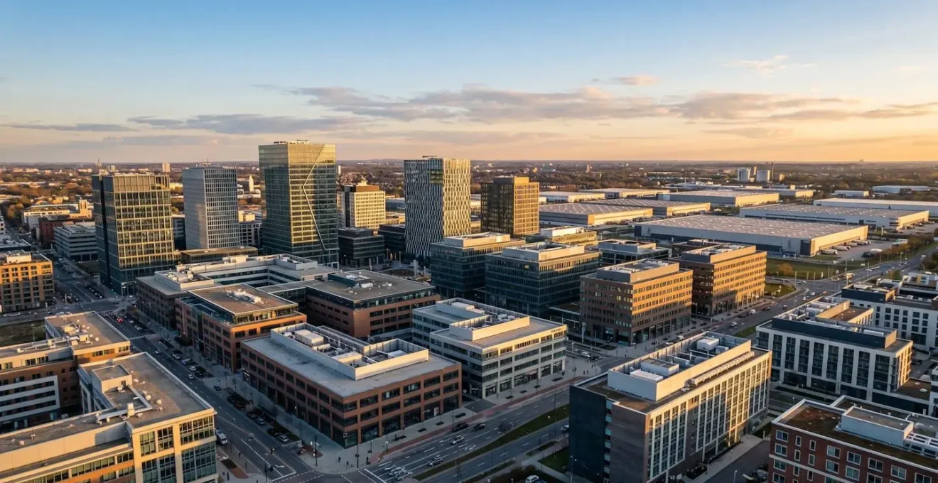 Vue aérienne d'un portefeuille immobilier diversifié avec bureaux et commerces
