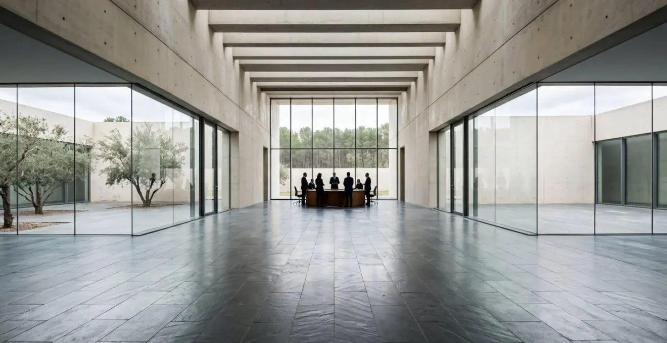 Vue large d'une salle d'audience moderne avec espaces de négociation