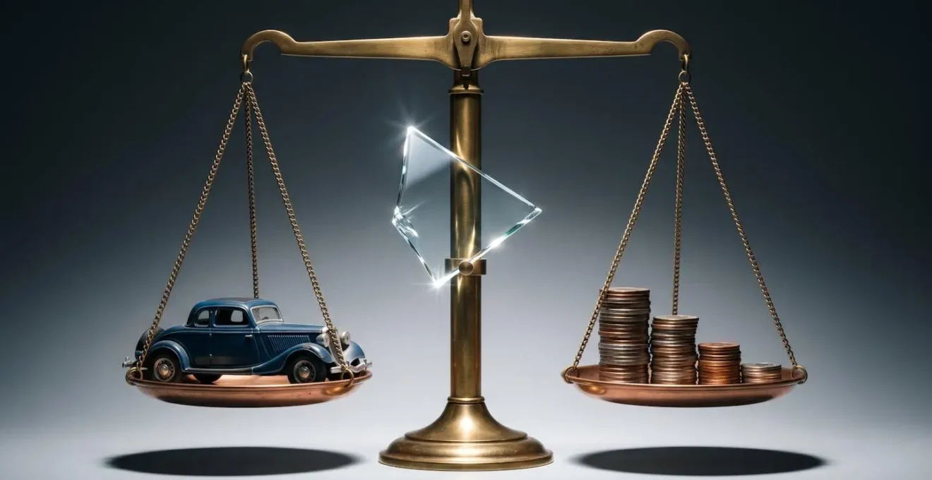 Balance symbolisant l'équilibre entre une voiture ancienne et les économies réalisées sur l'assurance.