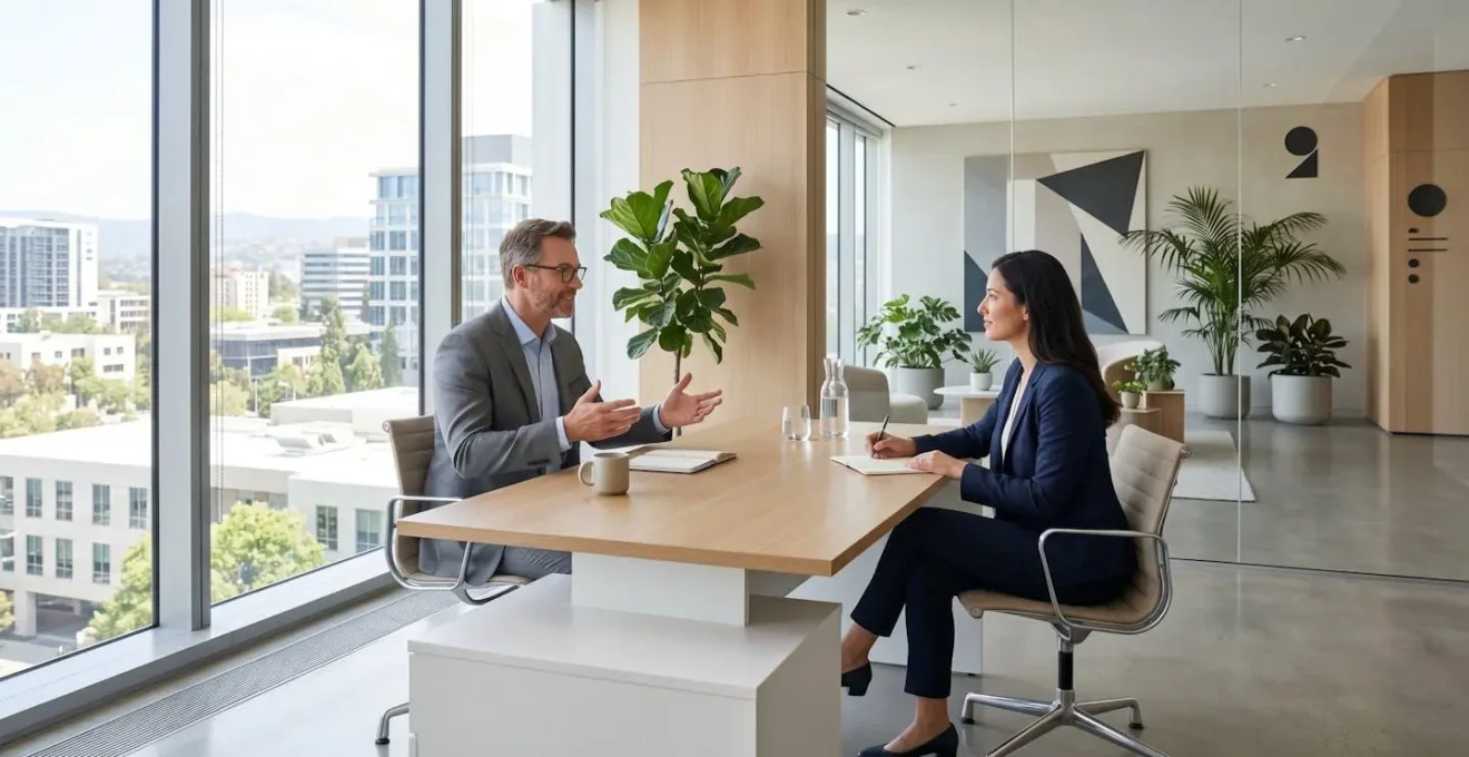 Rencontre professionnelle entre client et conseiller bancaire dans bureau moderne