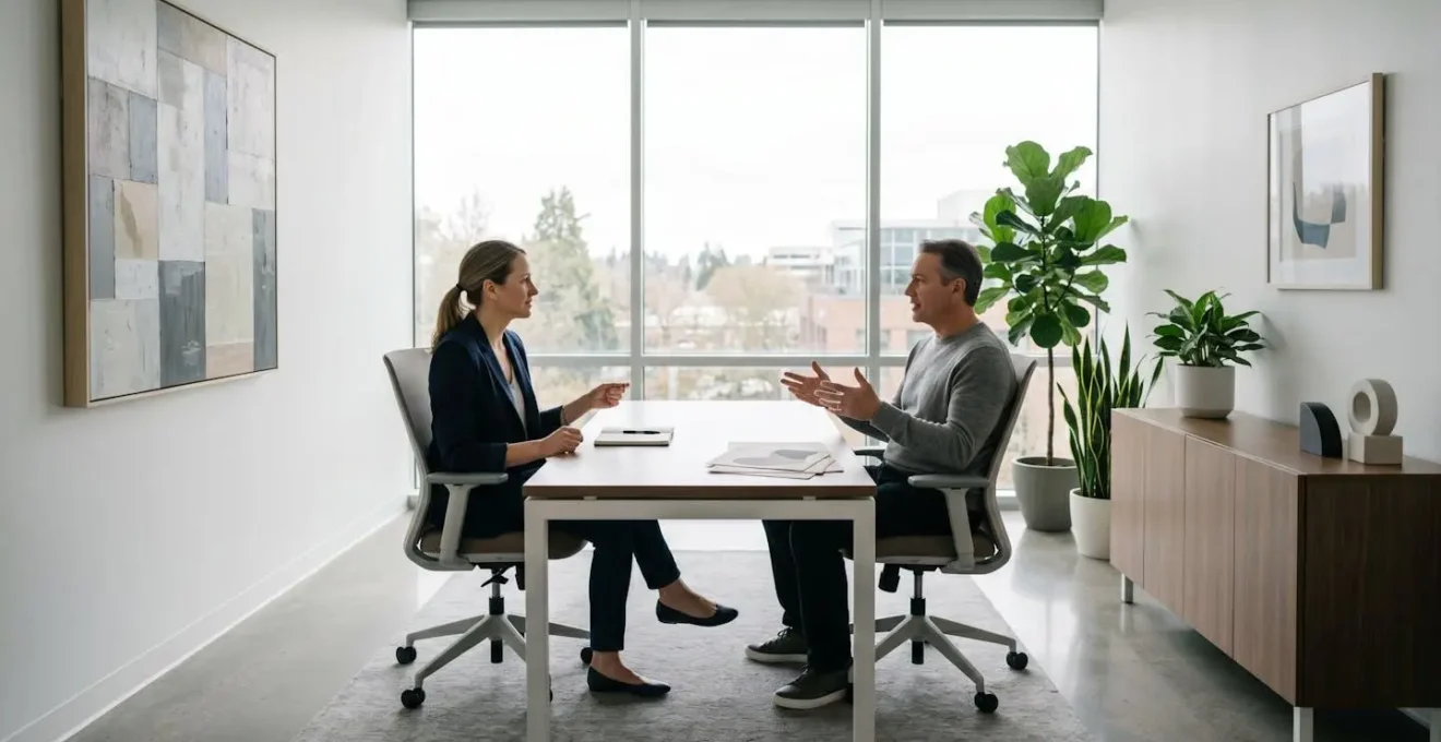 Discussion professionnelle entre patient et médecin dans un cabinet médical moderne