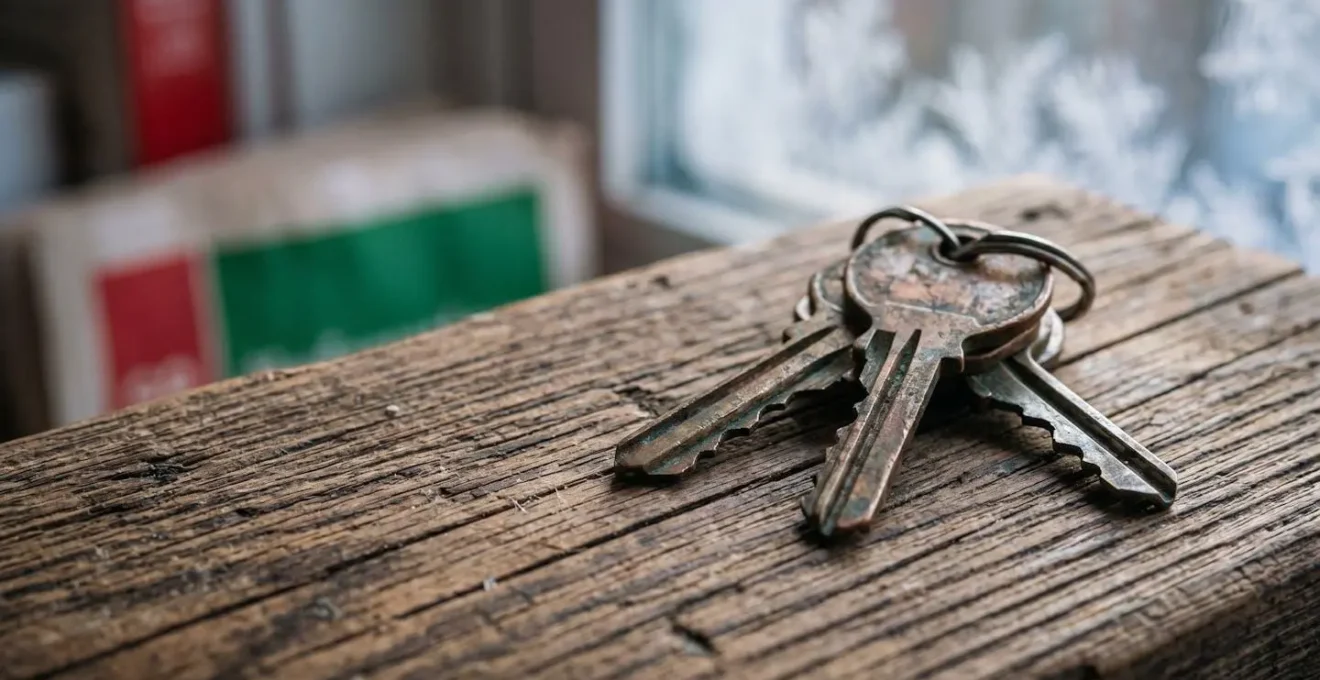 Diagnostic de performance énergétique flou en arrière-plan avec main tenant une clé de maison