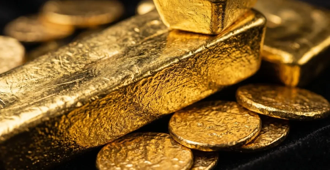 Gros plan macro sur des pièces et lingots d'or avec reflets lumineux