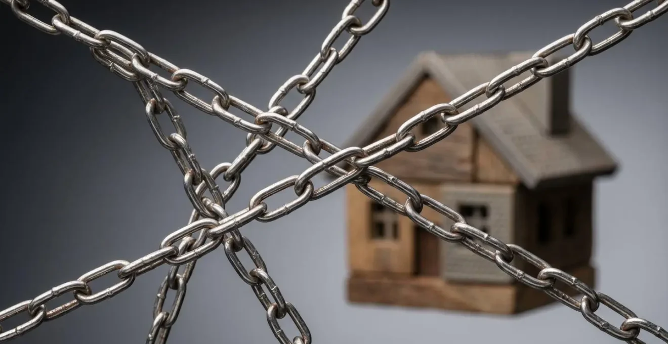 Maison miniature entourée de chaînes symbolisant les contraintes des IRA lors d'une vente forcée