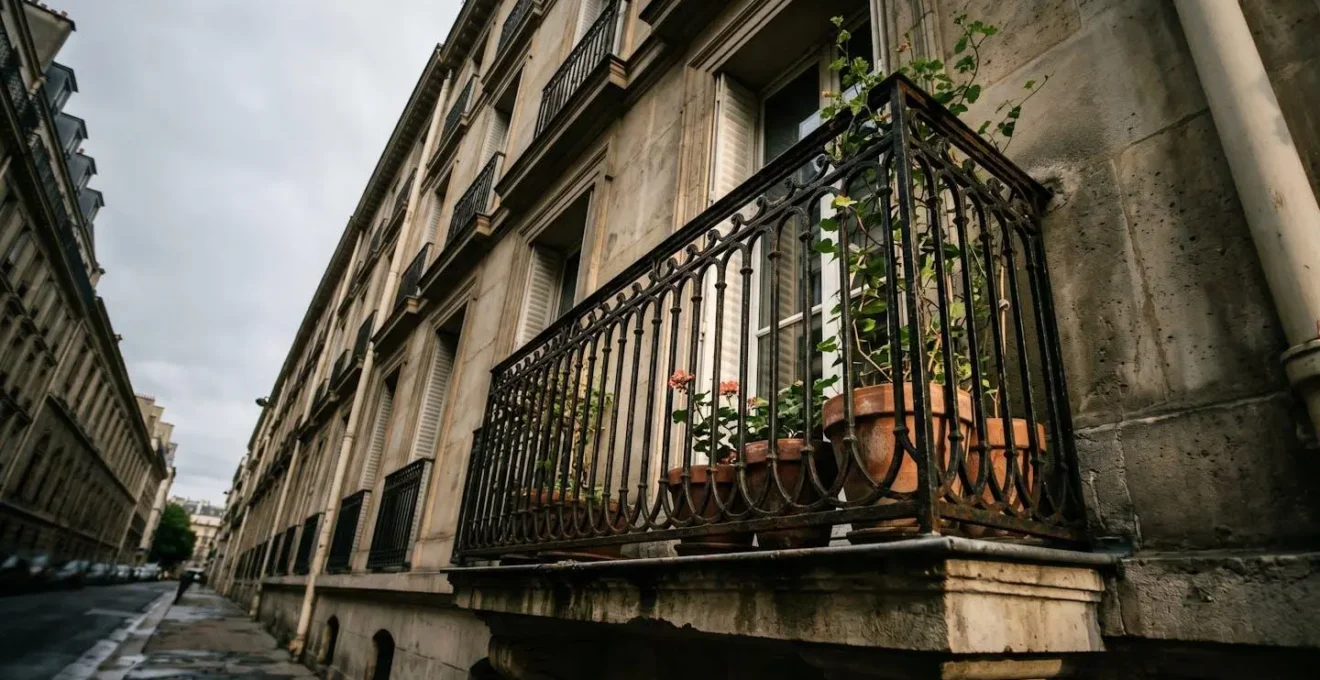 Vue en contre-plongée d'un balcon parisien avec des pots de fleurs sécurisés