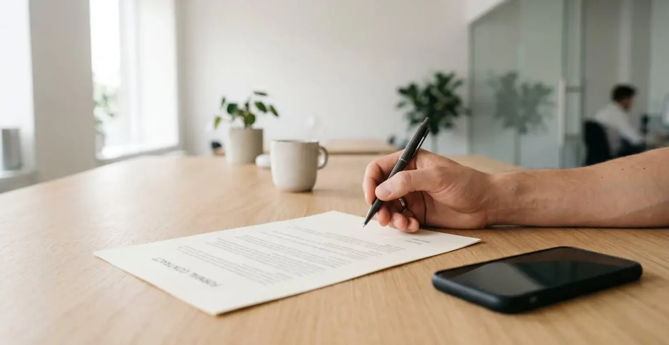 Personne consultant un document officiel de résiliation avec smartphone posé sur bureau