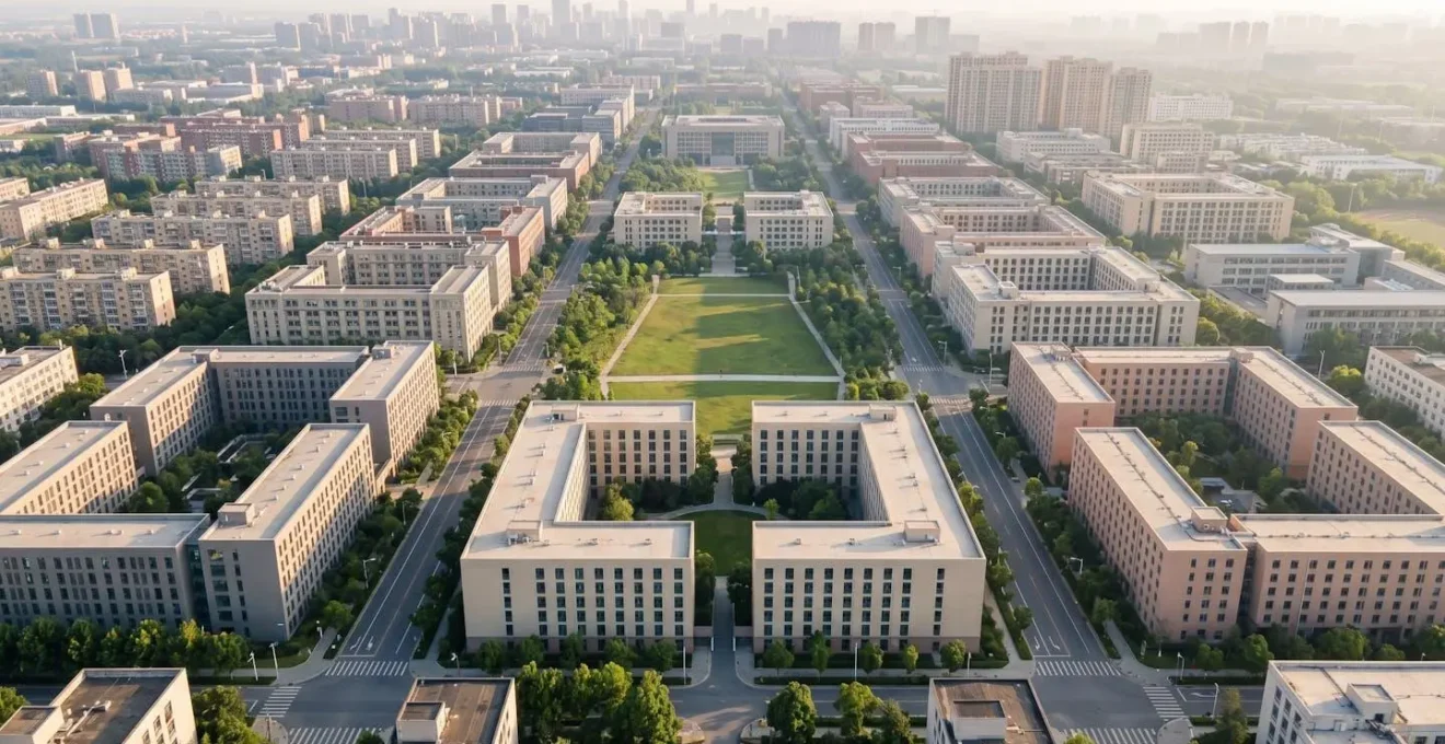 Vue aérienne d'un quartier universitaire avec immeubles résidentiels