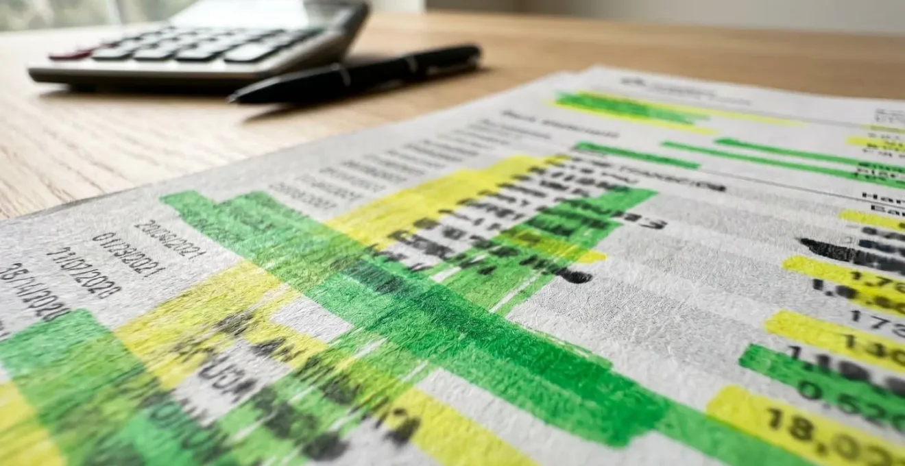 Gros plan sur des documents bancaires avec graphiques et mise en évidence de zones importantes