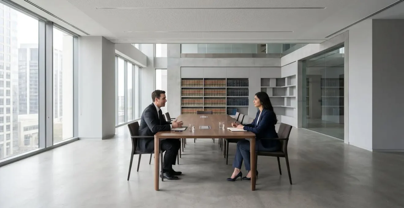 Réunion professionnelle entre avocat et client dans un cabinet juridique moderne