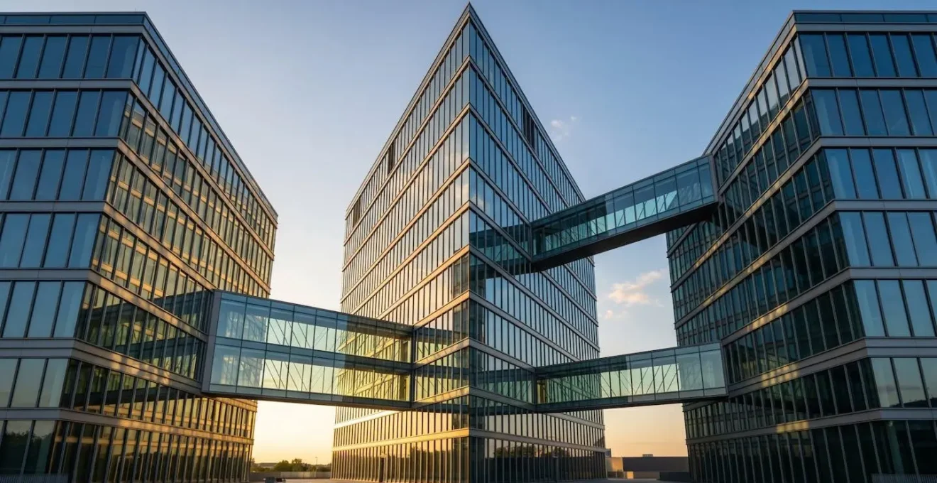 Schéma architectural d'immeubles interconnectés symbolisant la structure d'une SCI avec sa holding