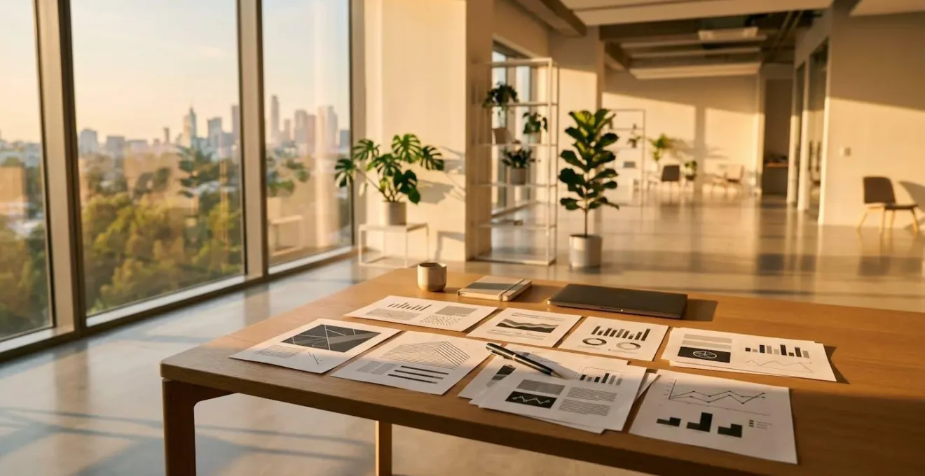 Bureau avec documents de transformation juridique d'entreprise étalés sur une table