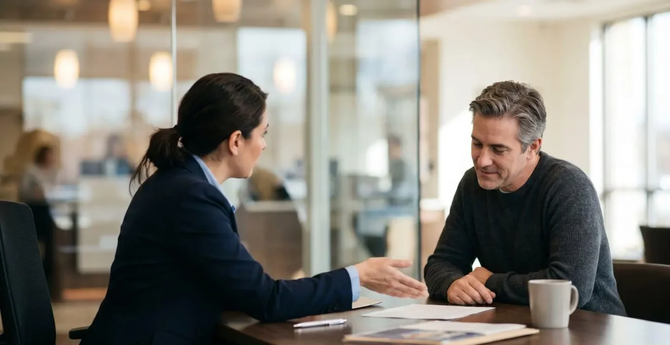 Conseiller bancaire et client en discussion dans une agence moderne