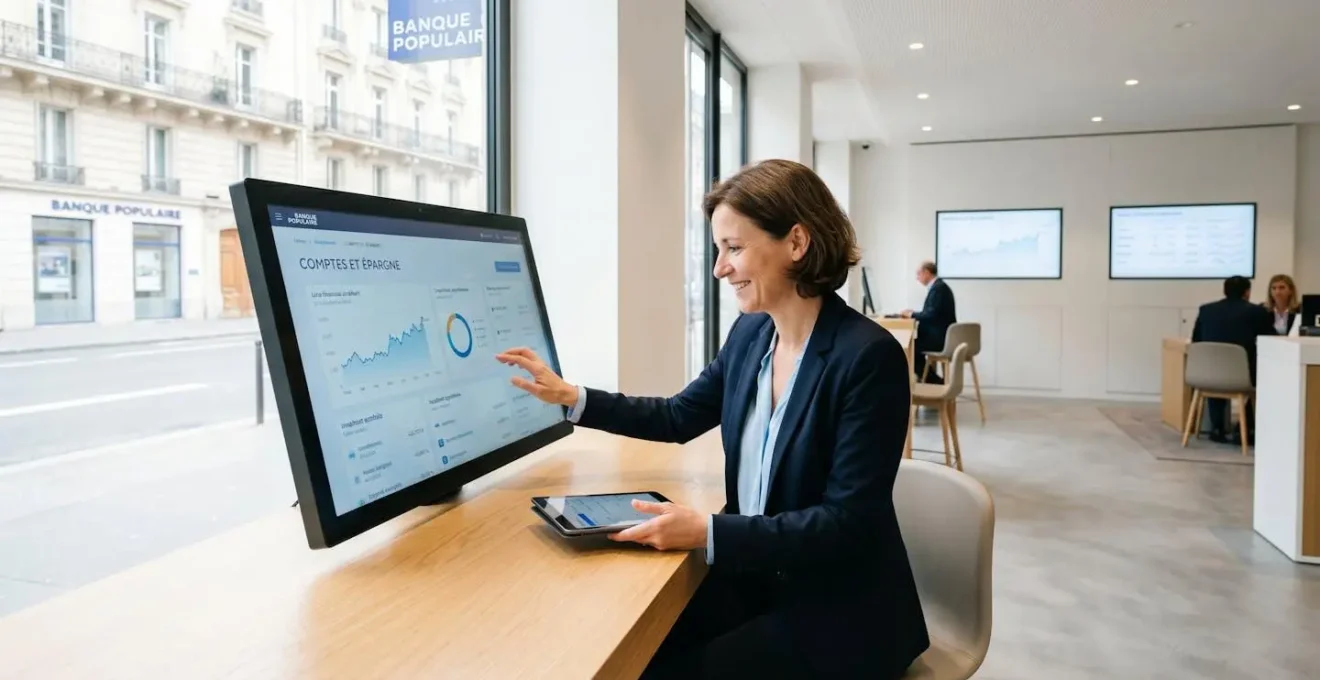 Conseiller bancaire dans une agence française contemporaine consultant tablette et écran tactile avec interfaces digitales sécurisées, lumière naturelle, environnement minimaliste et technologique