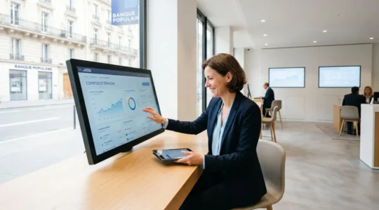 Conseiller bancaire dans une agence française contemporaine consultant tablette et écran tactile avec interfaces digitales sécurisées, lumière naturelle, environnement minimaliste et technologique