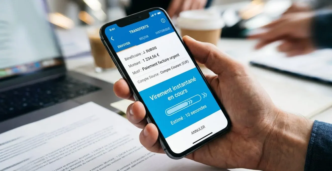 Écran de smartphone affichant application bancaire française exécutant virement instantané avec barre de progression et délai de 10 secondes, interface en français, montants en euros