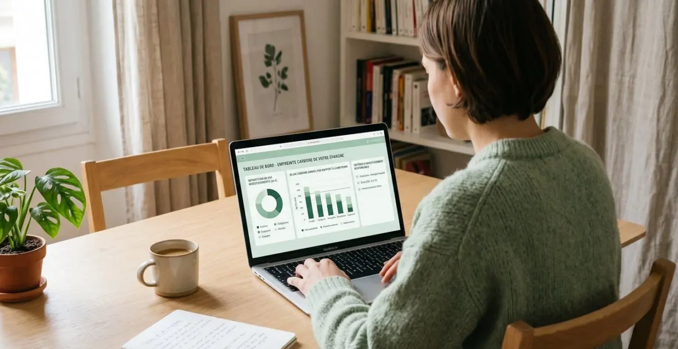 Personne consultant sur ordinateur portable interface bancaire française affichant tableau de bord empreinte carbone épargne avec graphiques et exclusions énergies fossiles, environnement domestique lumineux