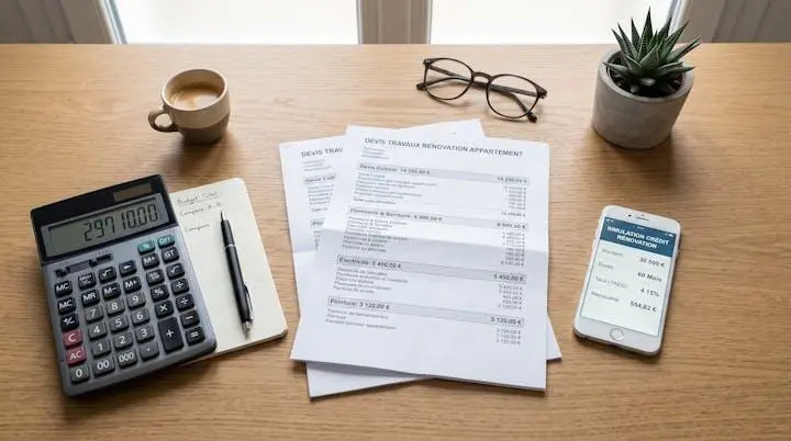 Vue de dessus d'un bureau avec devis de travaux en français, calculatrice affichant un montant, smartphone montrant une interface de simulation générique