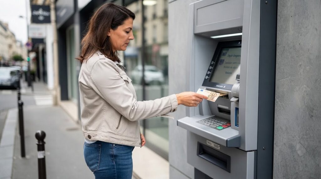 Woman depositing euro banknotes into an ATM machine on a French urban street Woman depositing euro banknotes into an ATM machine on a French urban street