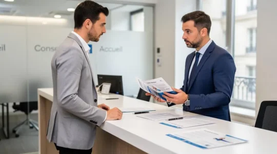 Bank advisor and client discussing savings strategy face-to-face in a French bank branch