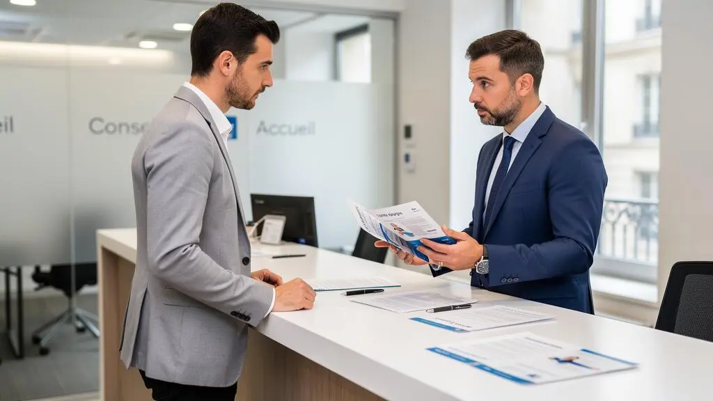 Bank advisor and client discussing savings strategy face-to-face in a French bank branch