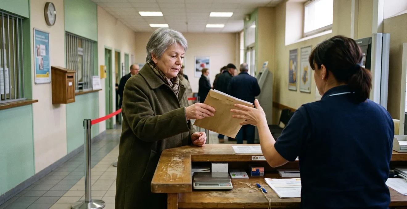 Une femme senior remet une enveloppe de documents à un employé derrière un guichet de administration française.
