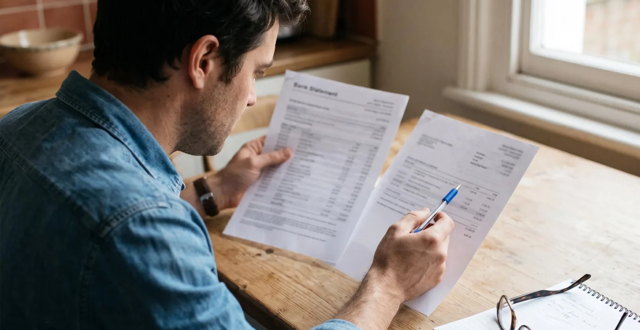 Un homme compare deux documents bancaires imprimés posés côte à côte sur une table en bois, un stylo à la main.