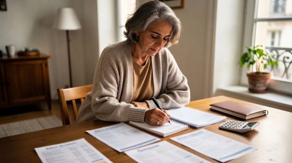 Woman in her fifties reviewing bank statements and savings documents at her dining table at home Woman in her fifties reviewing bank statements and savings documents at her dining table at home