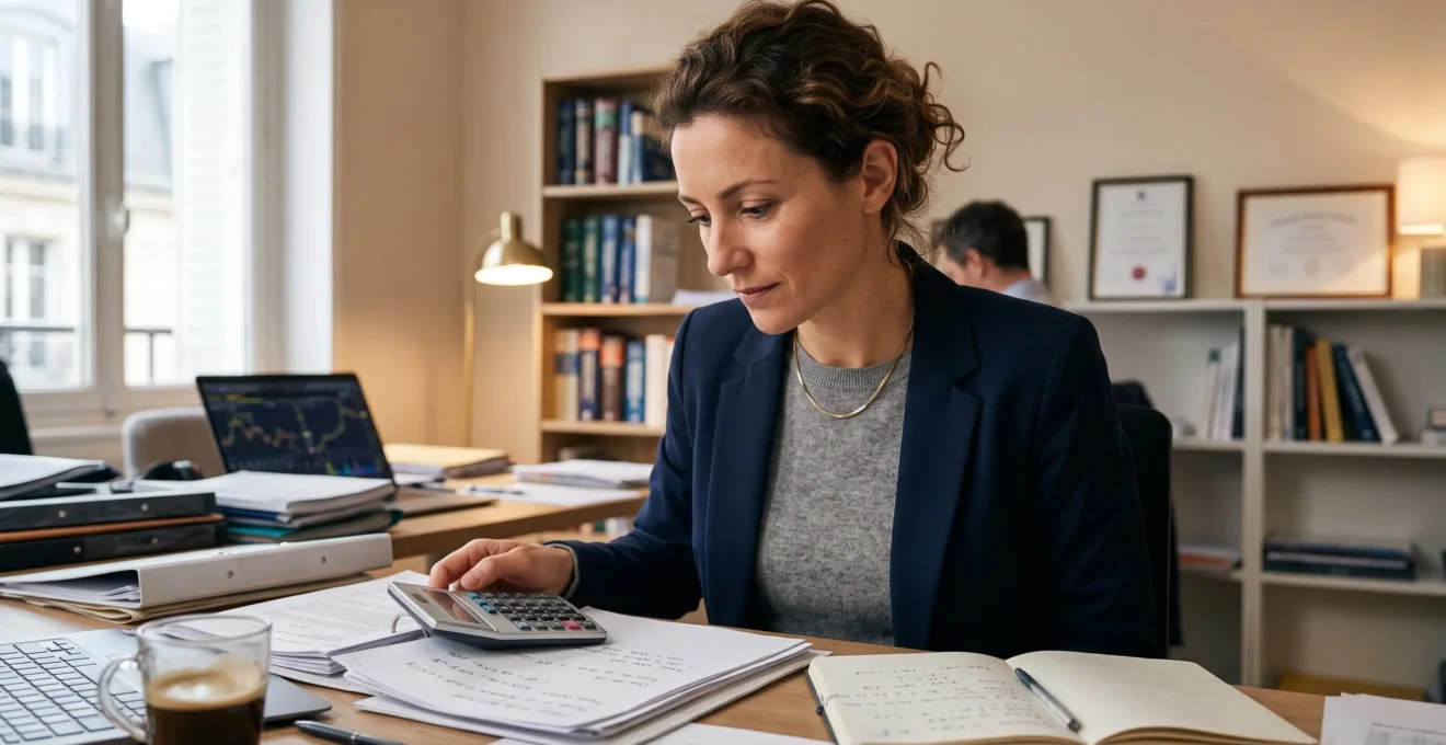 Analyste financière examinant des calculs de produits dérivés de taux et spécifications CMS dans un bureau parisien de gestion d'actifs