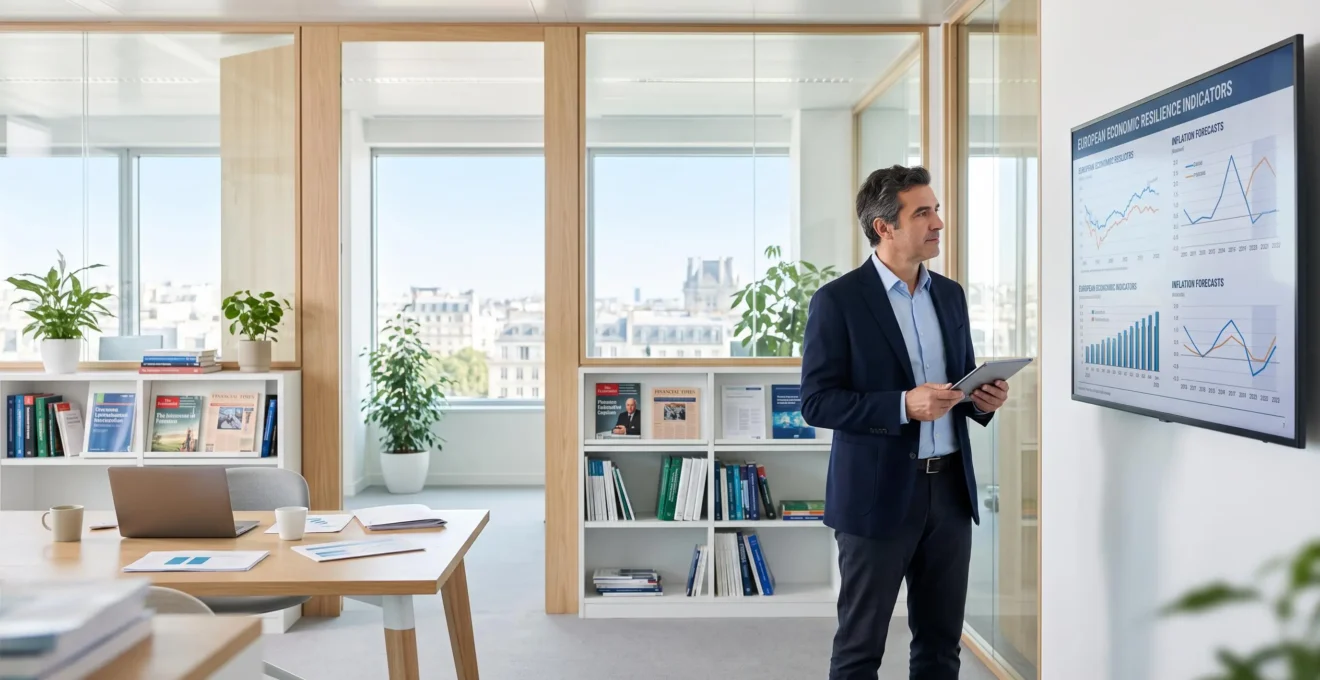 Économiste senior analysant les indicateurs de résilience économique européenne et prévisions d'inflation dans un bureau de recherche moderne à Paris