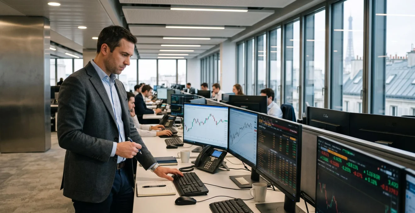 Trader de taux d'intérêt analysant des données de marché obligataire dans une salle de marché parisienne moderne