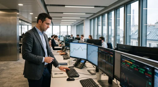 Trader de taux d'intérêt analysant des données de marché obligataire dans une salle de marché parisienne moderne